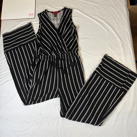 Hot Kiss Pants - Hot Kiss Black White Striped Wide Leg Sleeveless Jumpsuit Tassel Waist Small